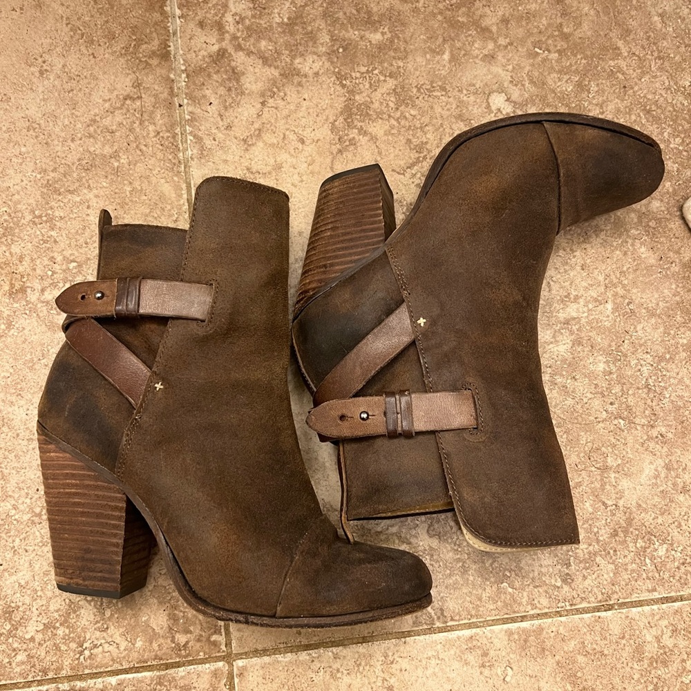 Rag & Bone Womens Leather Trim Stacked Heel Suede Ankle Boots Brown